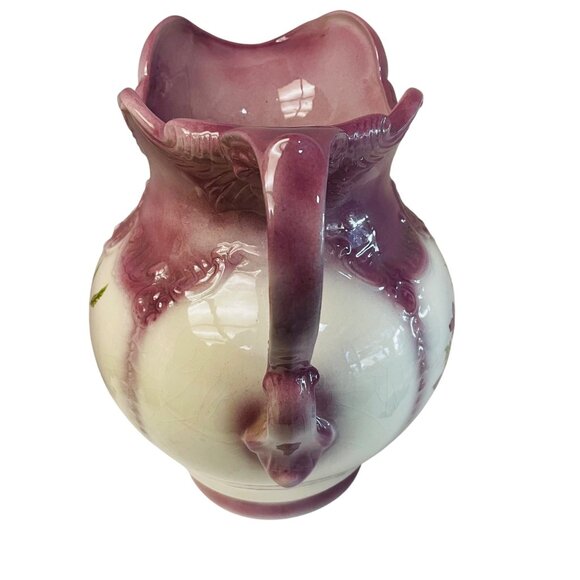 Vintage‎ Ceramic Floral Pitcher Dresden Purple & White Glaze 11" x 10" Large - Picture 3 of 7